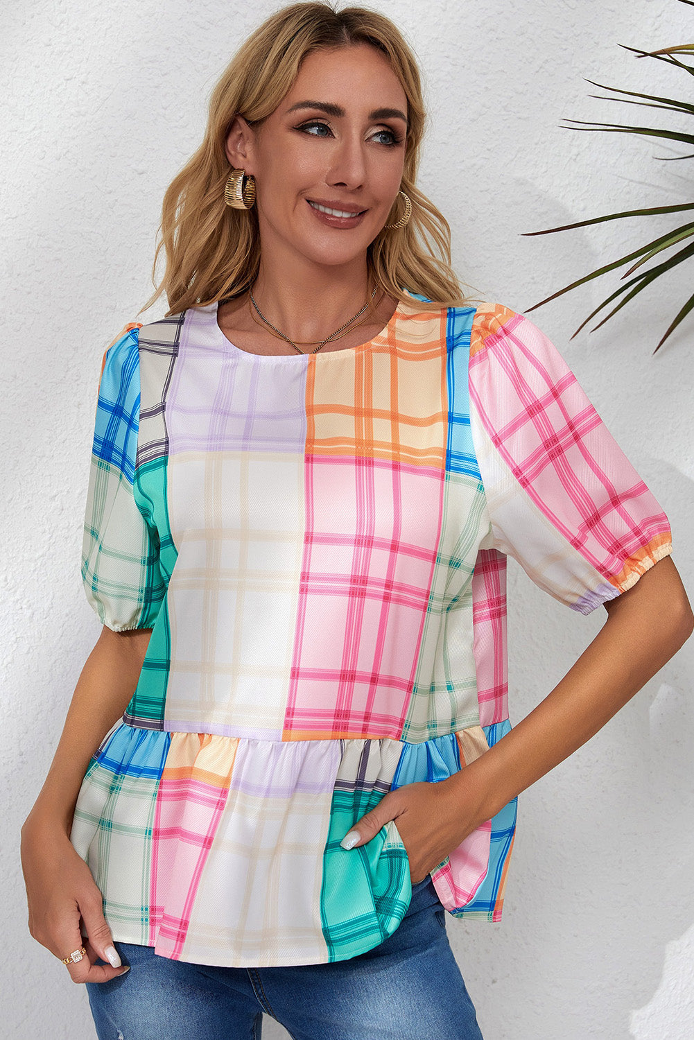 Round Neck Puff Sleeve Plaid Blouse - Classique Collection