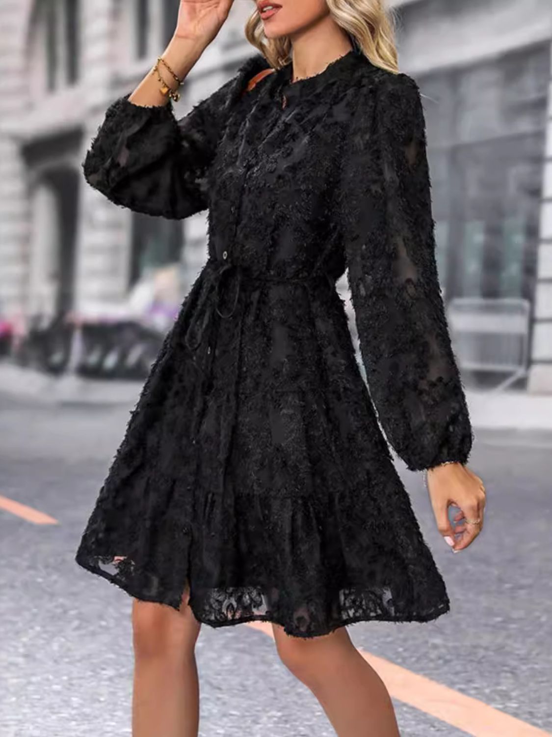 Lace Button Down Long Sleeve Mini Dress - Classique Collection