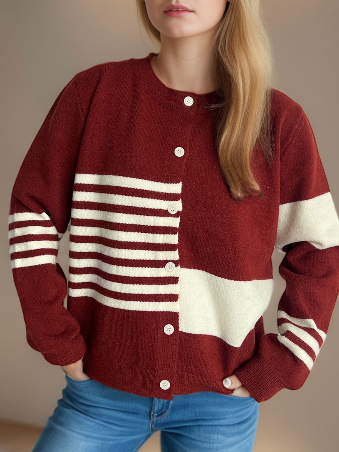 Striped Color Block Round Neck Cardigan - Classique Collection
