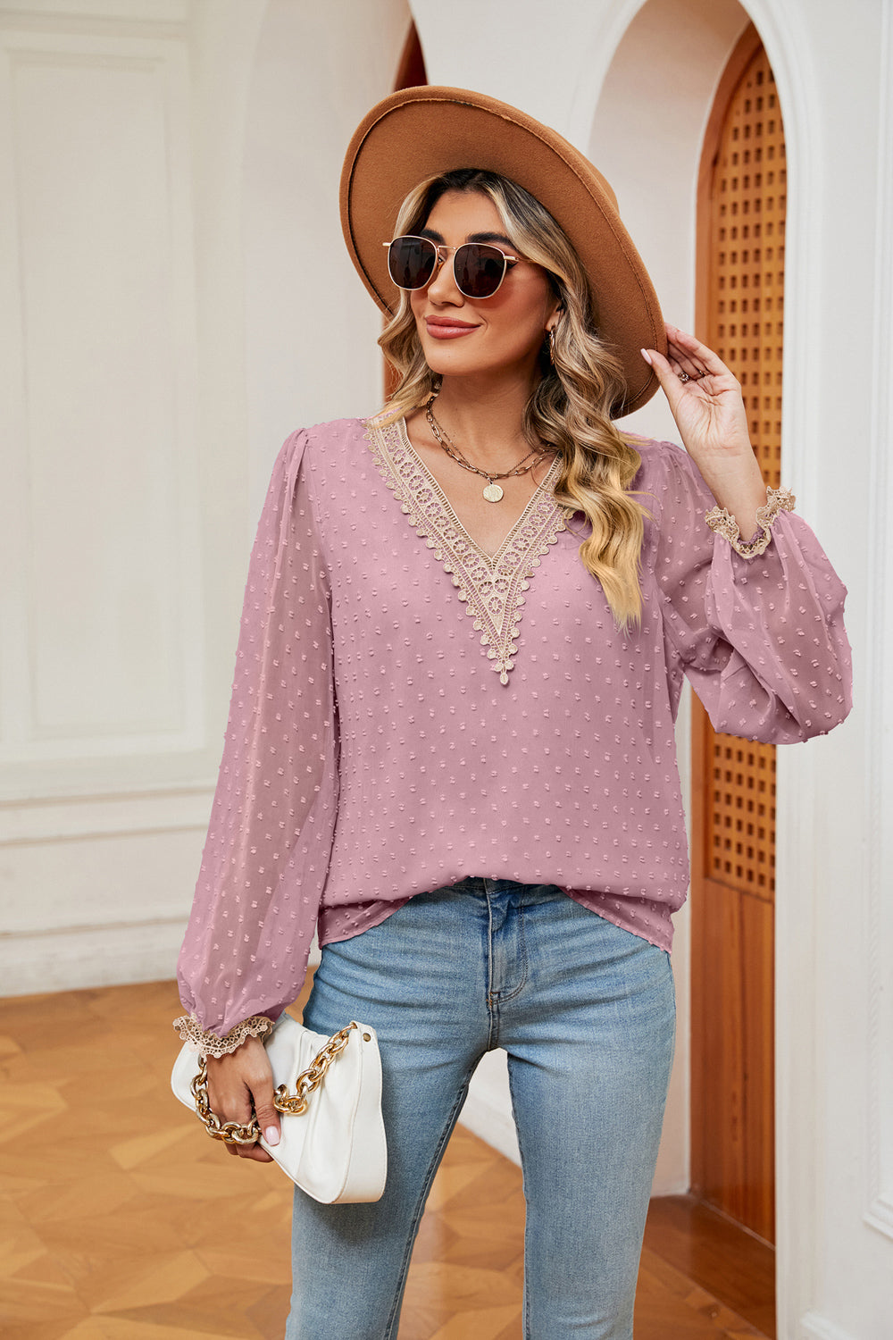 Swiss Dot Contrast V-Neck Blouse - ClassiQ