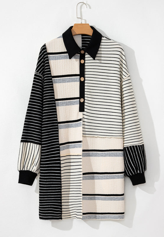 Striped Patchwork Long Sleeve Mini Dress - Classique Collection