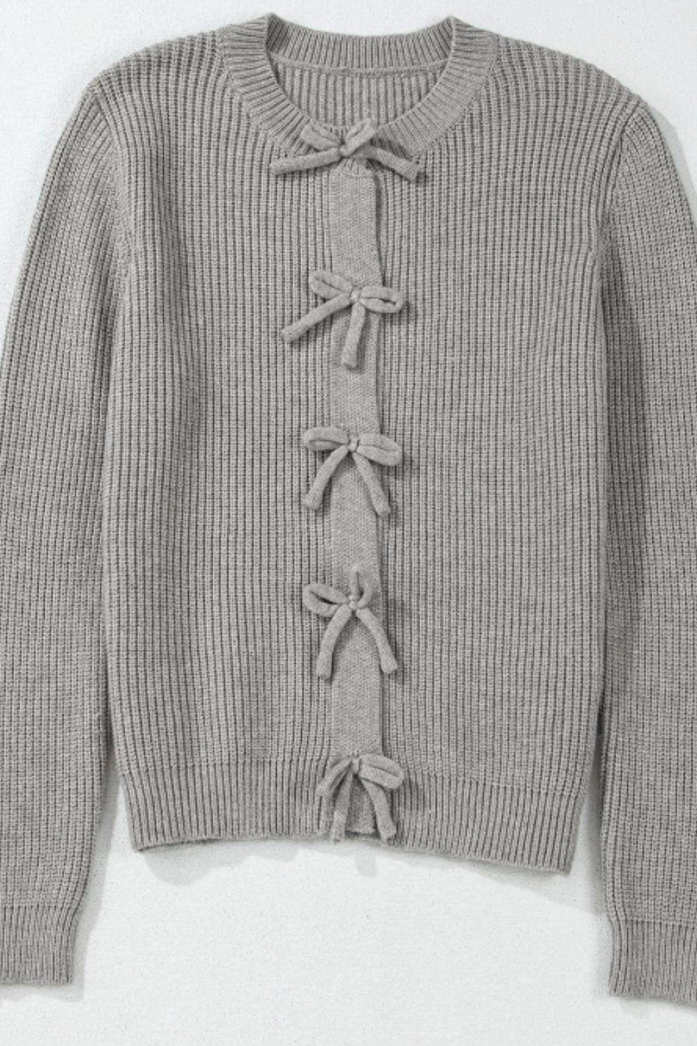 Bow Round Neck Long Sleeve Cardigan - ClassiQ