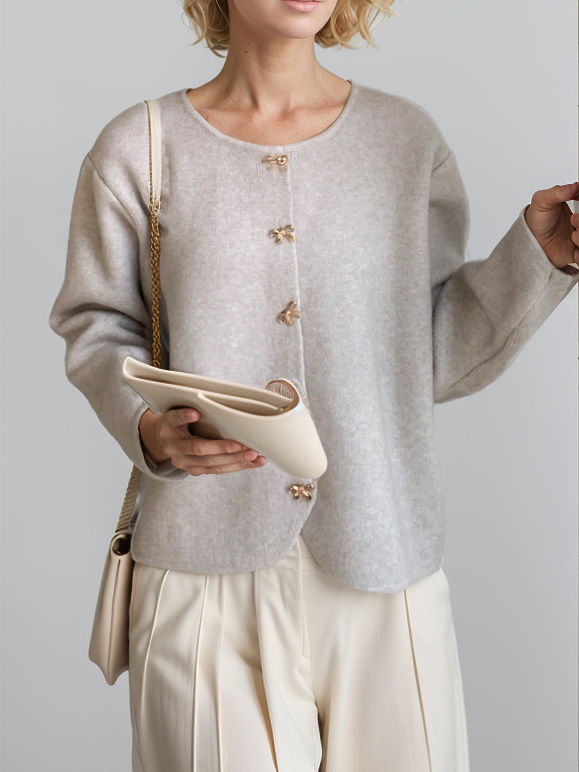 Bow Button Down Round Neck Long Sleeve Cardigan - Classique Collection