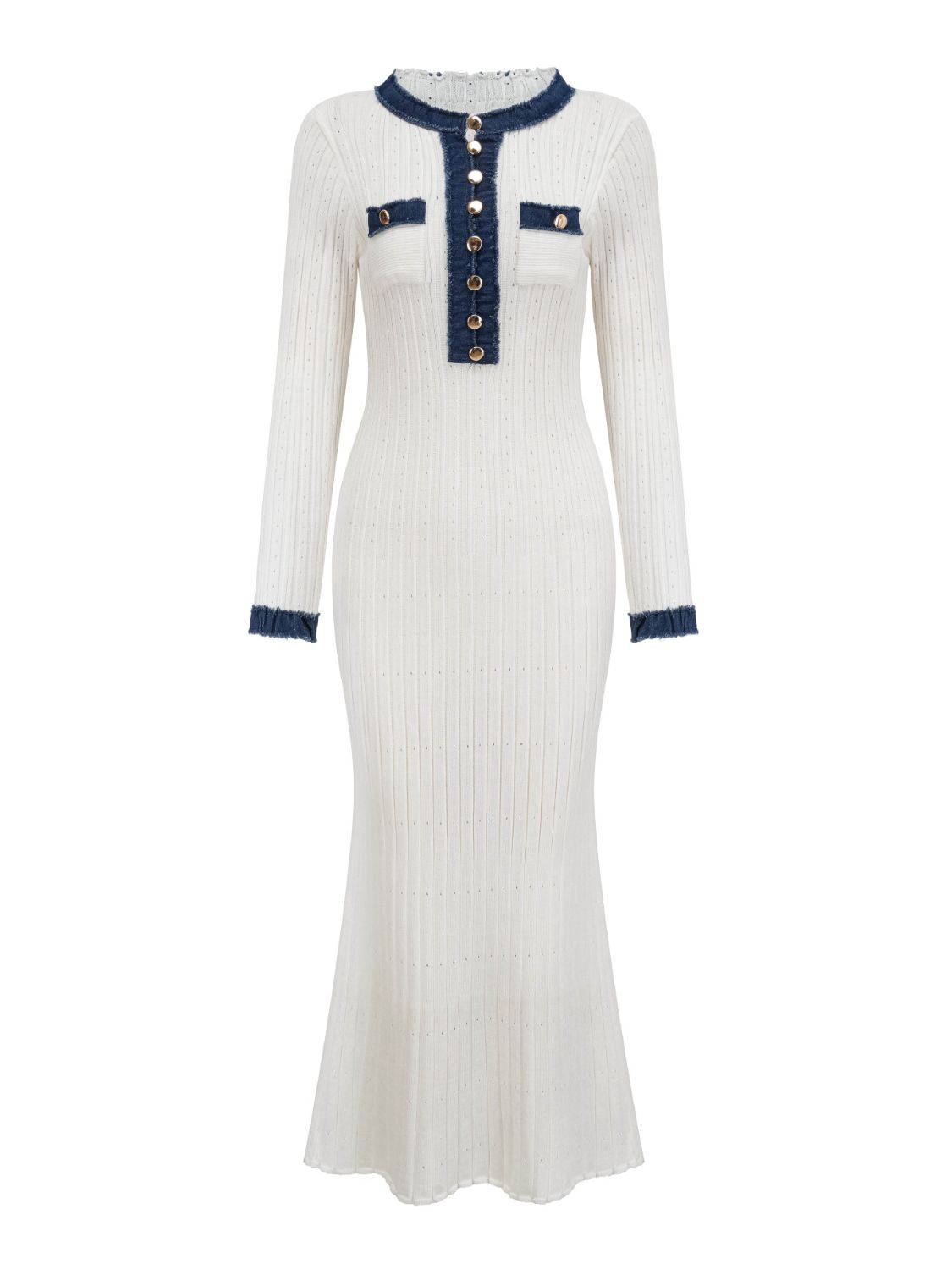 Contrast Trim Round Neck Long Sleeve Sweater Dress - Classique Collection