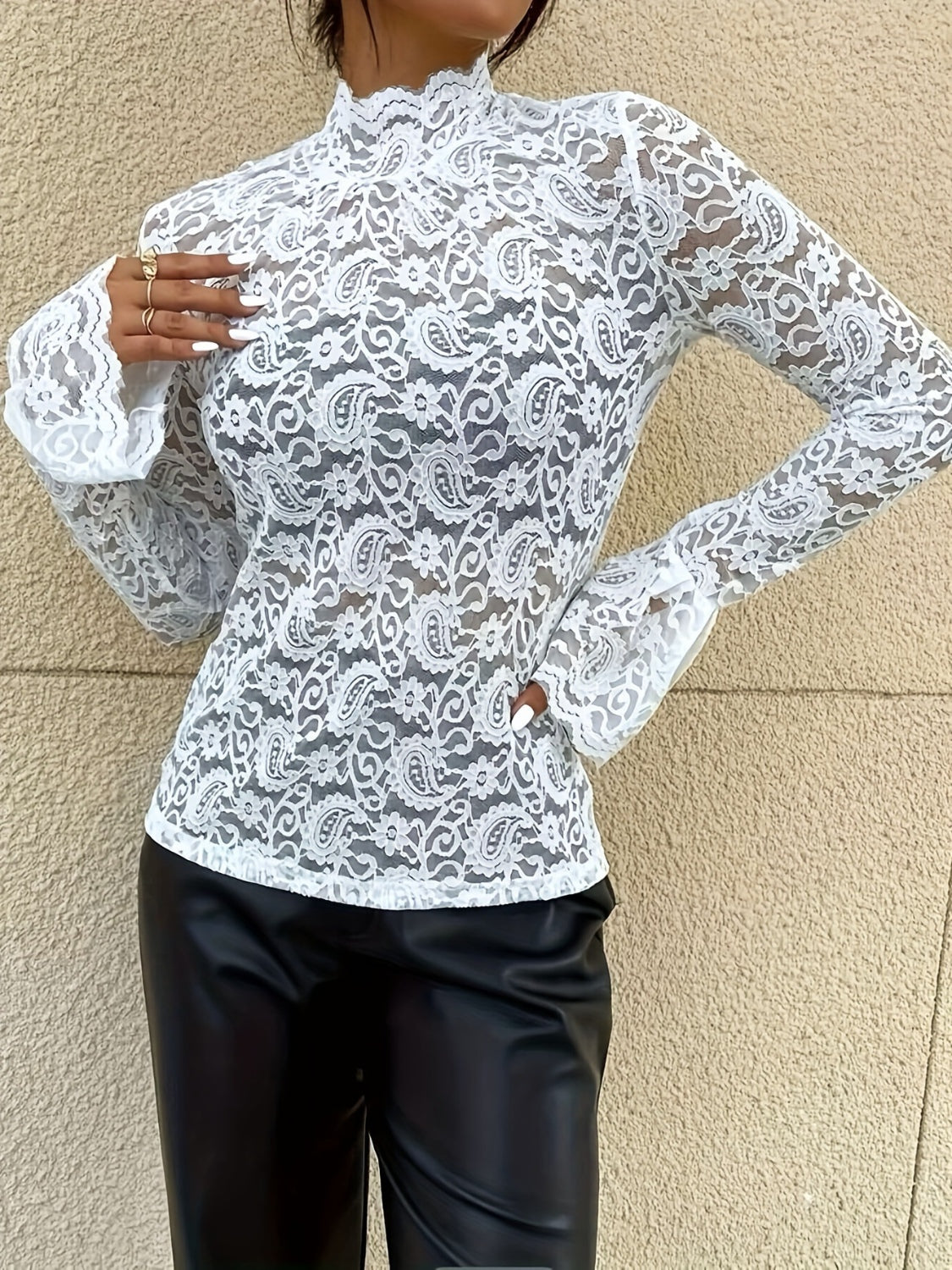 Mock Neck Long Sleeve Lace Top - Classique Collection