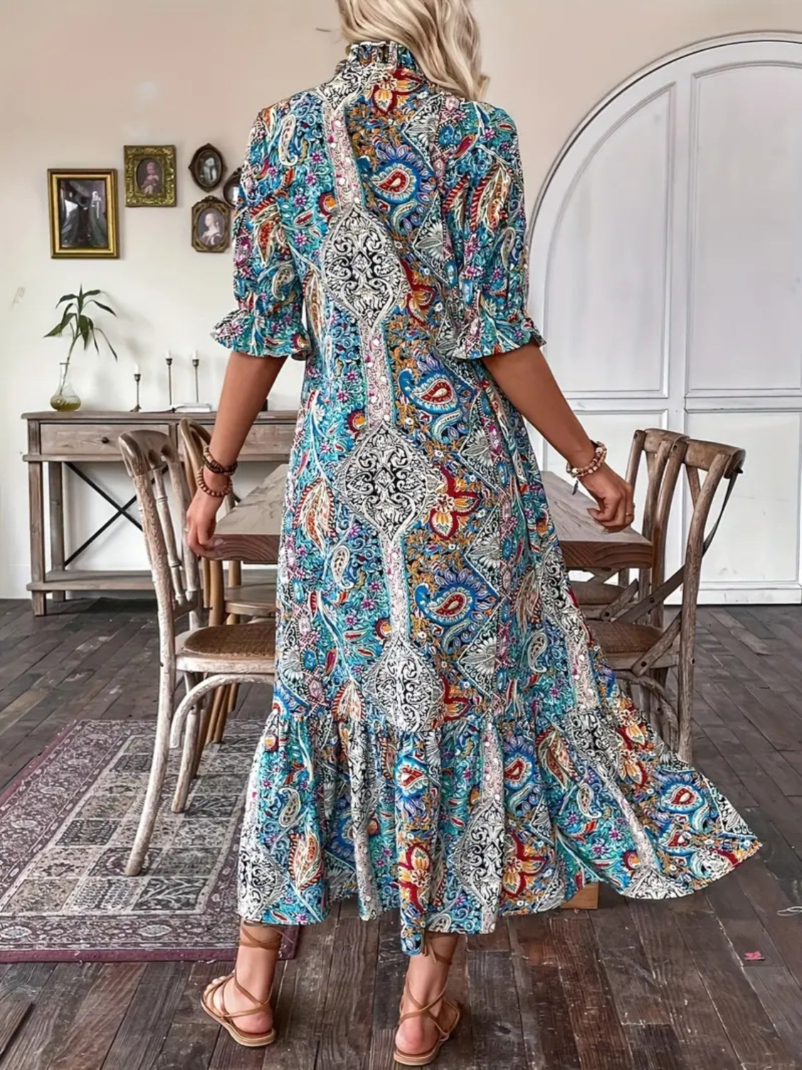 Printed Tie Neck Flounce Sleeve Midi Dress - Classique Collection