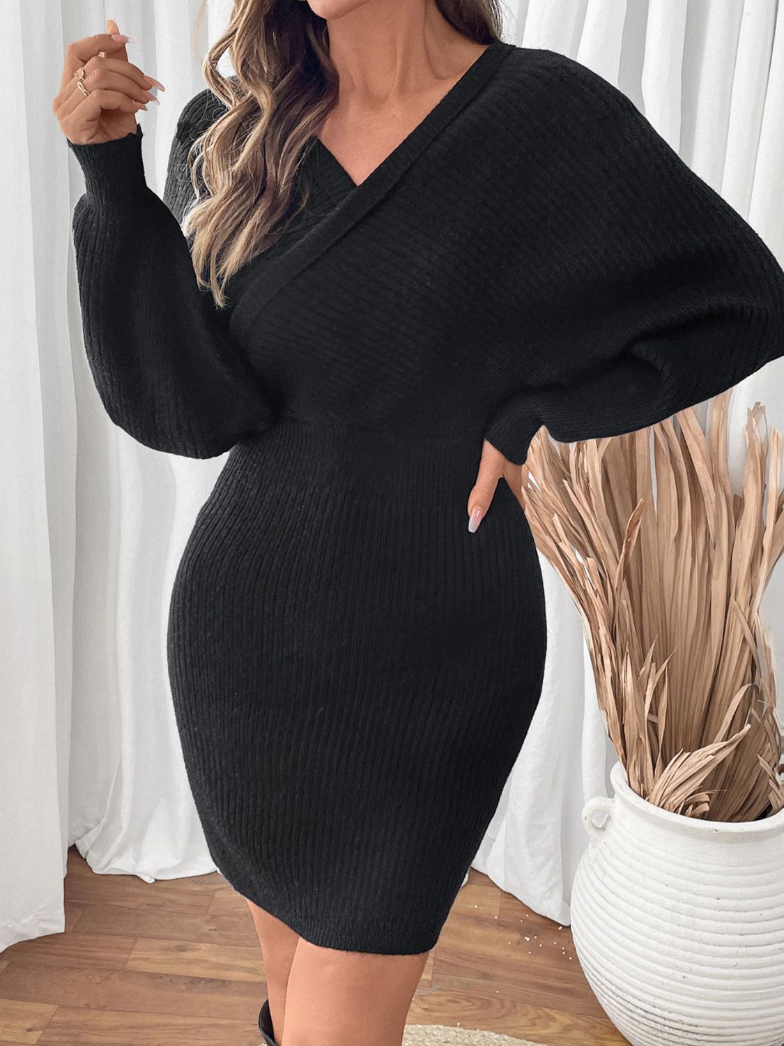 Perfee Surplice Long Sleeve Sweater Dress - Classique Collection