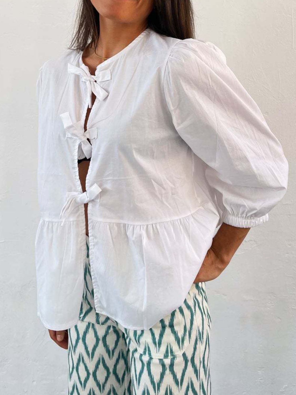 Tied Round Neck Balloon Sleeve Shirt - Classique Collection