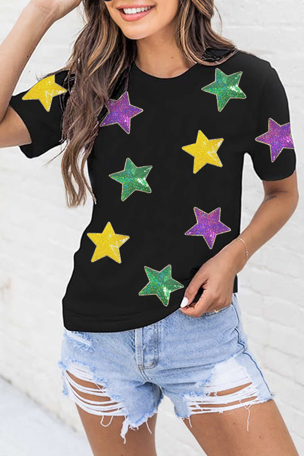 Sequin Stars Patched Round Neck T-Shirt - Classique Collection