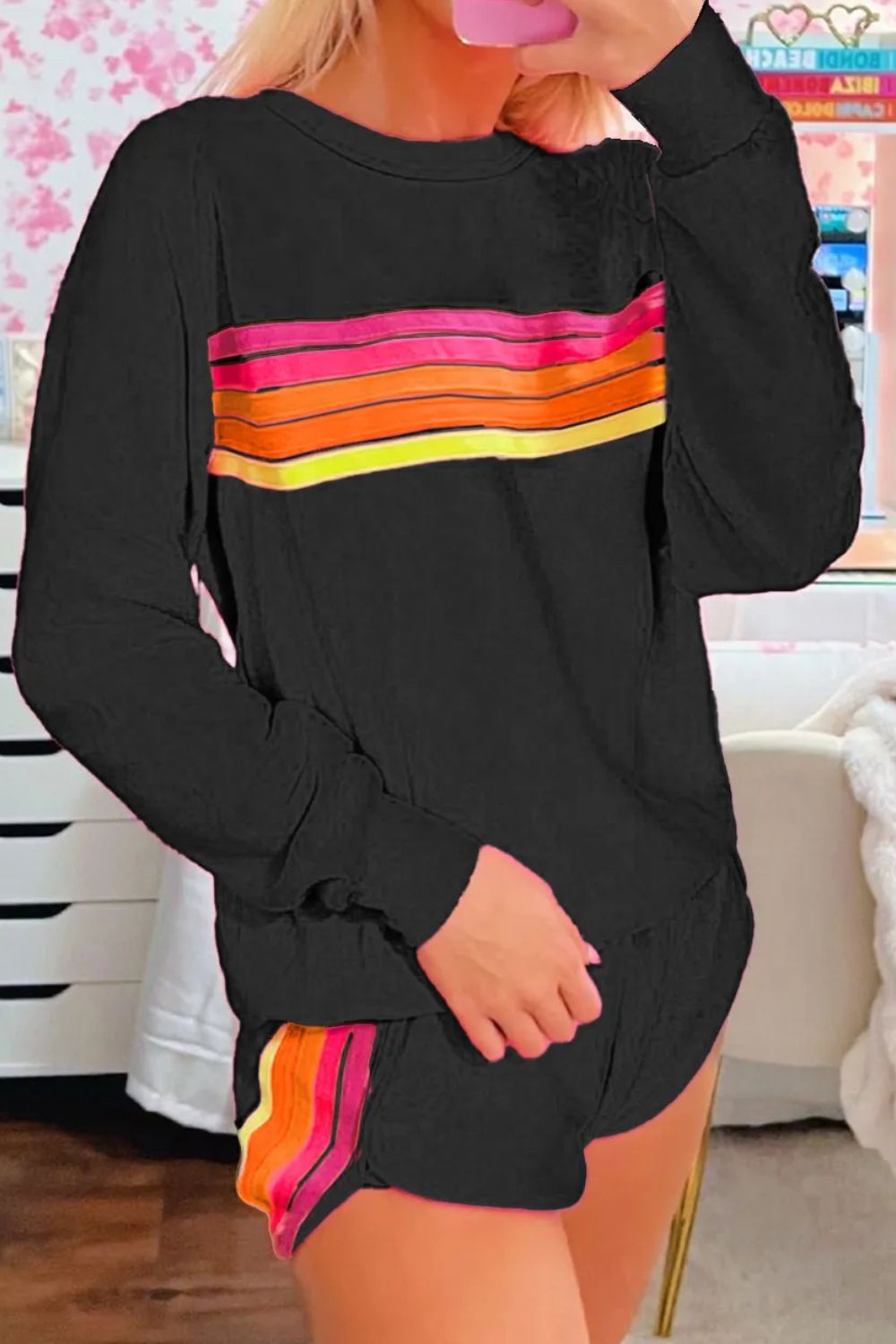 Full Size Contrast Striped Round Neck Top and Shorts Set - ClassiQ