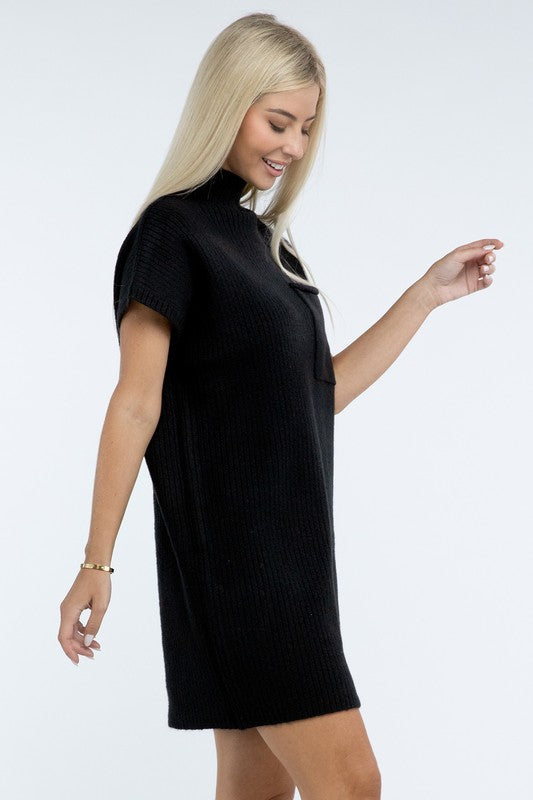 Mock Neck Short Sleeve Sweater Dress with Pocket - Classique Collection