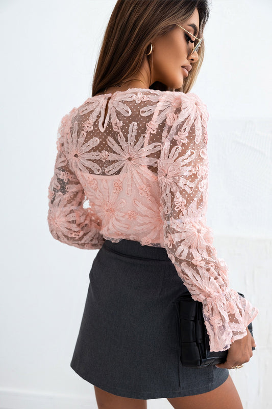 Flower Dotted Ruffled Sleeve Mesh Top - Classique Collection