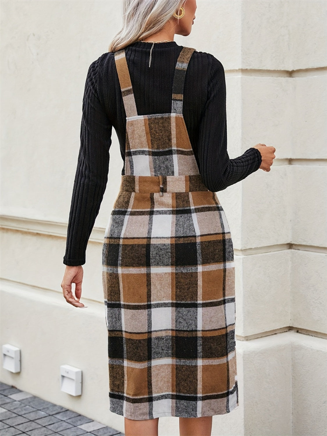 Slit Plaid Wide Strap Overall Dress - Classique Collection
