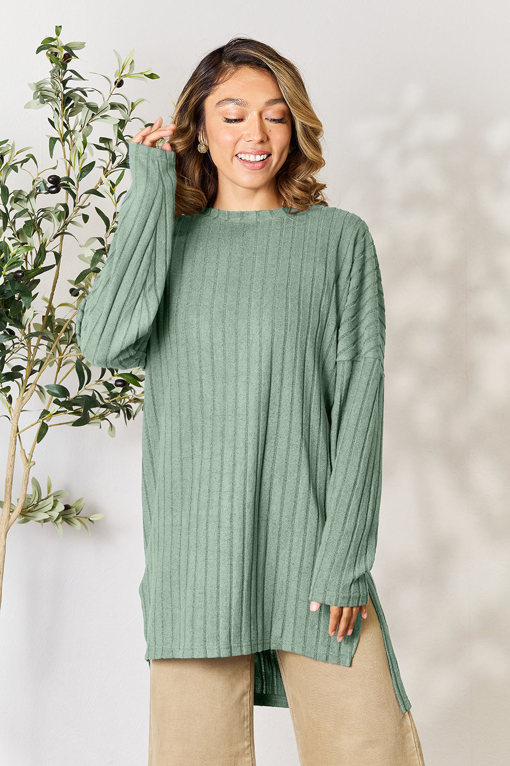 Basic Bae Full Size Ribbed Round Neck Long Sleeve Slit Top - Classique Collection