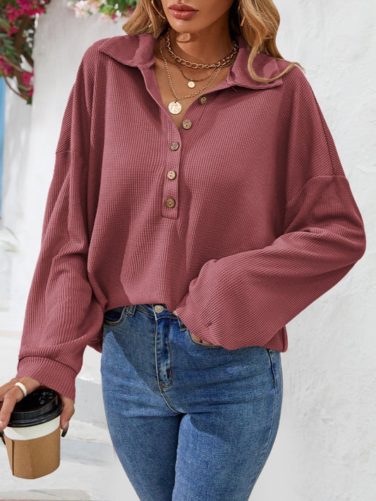 Half Button Collared Neck Long Sleeve Top - Classique Collection