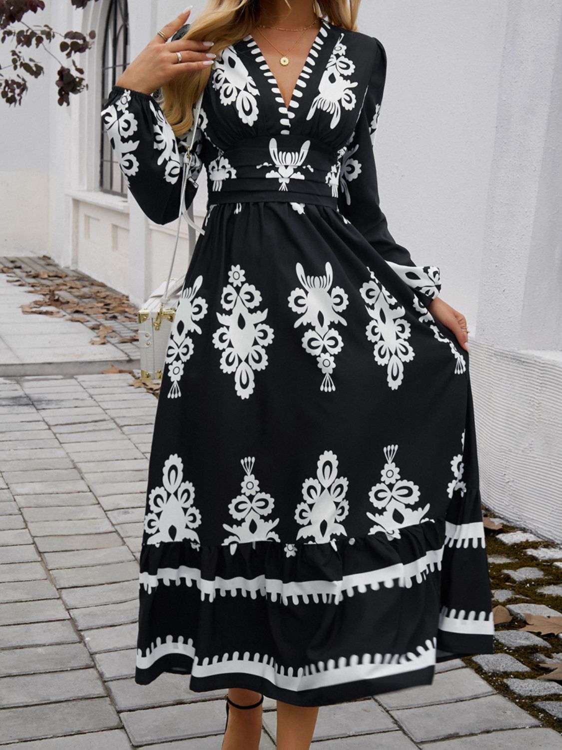 Devine Ruffled Printed Plunge Long Sleeve Dress - Classique Collection