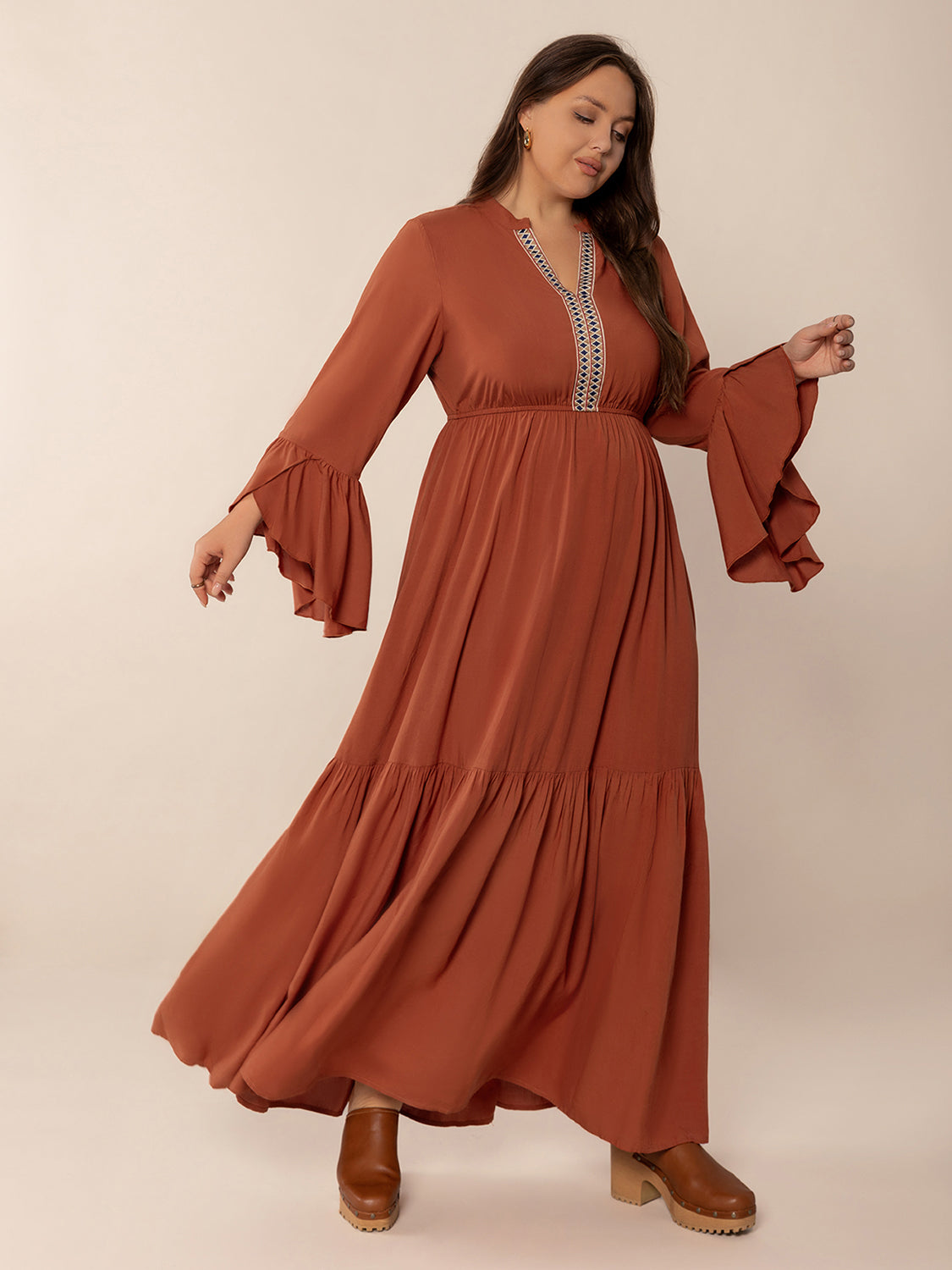 Plus Size Ruffled Notched Long Sleeve Midi Dress - Classique Collection