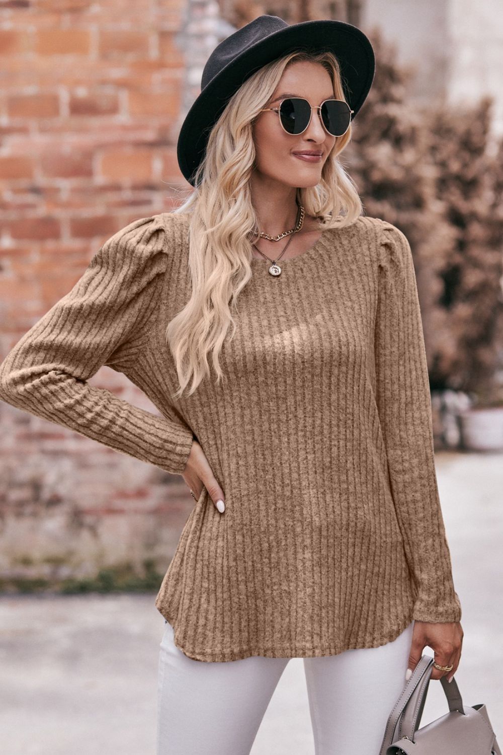 Mandy Round Neck Puff Sleeve Ribbed Top - Classique Collection