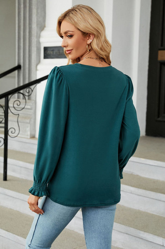Round Neck Smocked Flounce Sleeve Blouse - Classique Collection