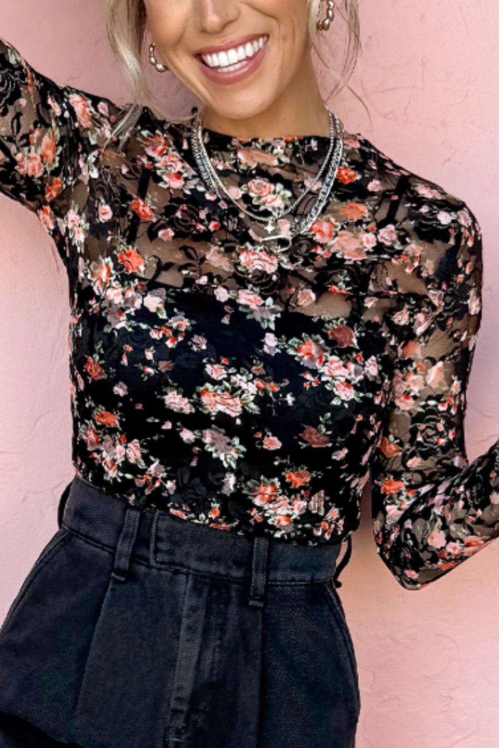 Floral Round Neck Long Sleeve Blouse - Classique Collection