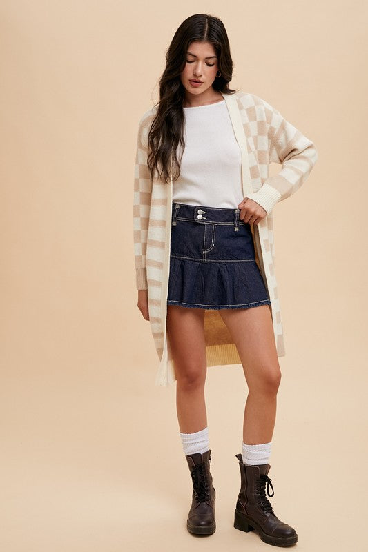Annie Wear Checkered & Striped Open Front Long Sleeve Cardigan - ClassiQ