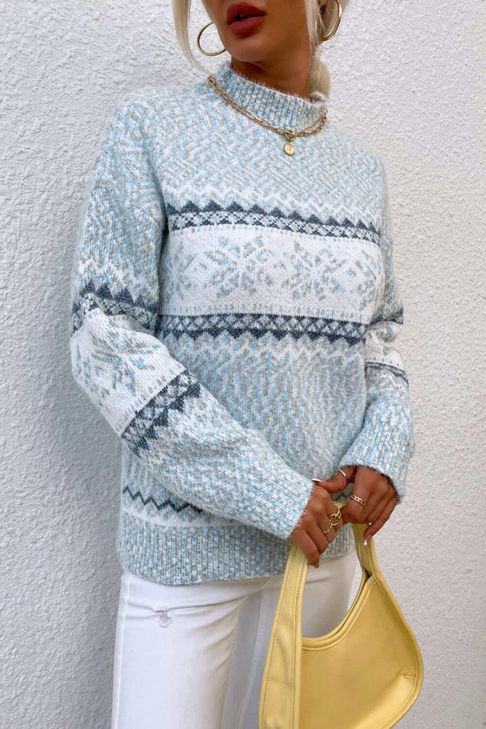 Snowflake Pattern Mock Neck Sweater - ClassiQ