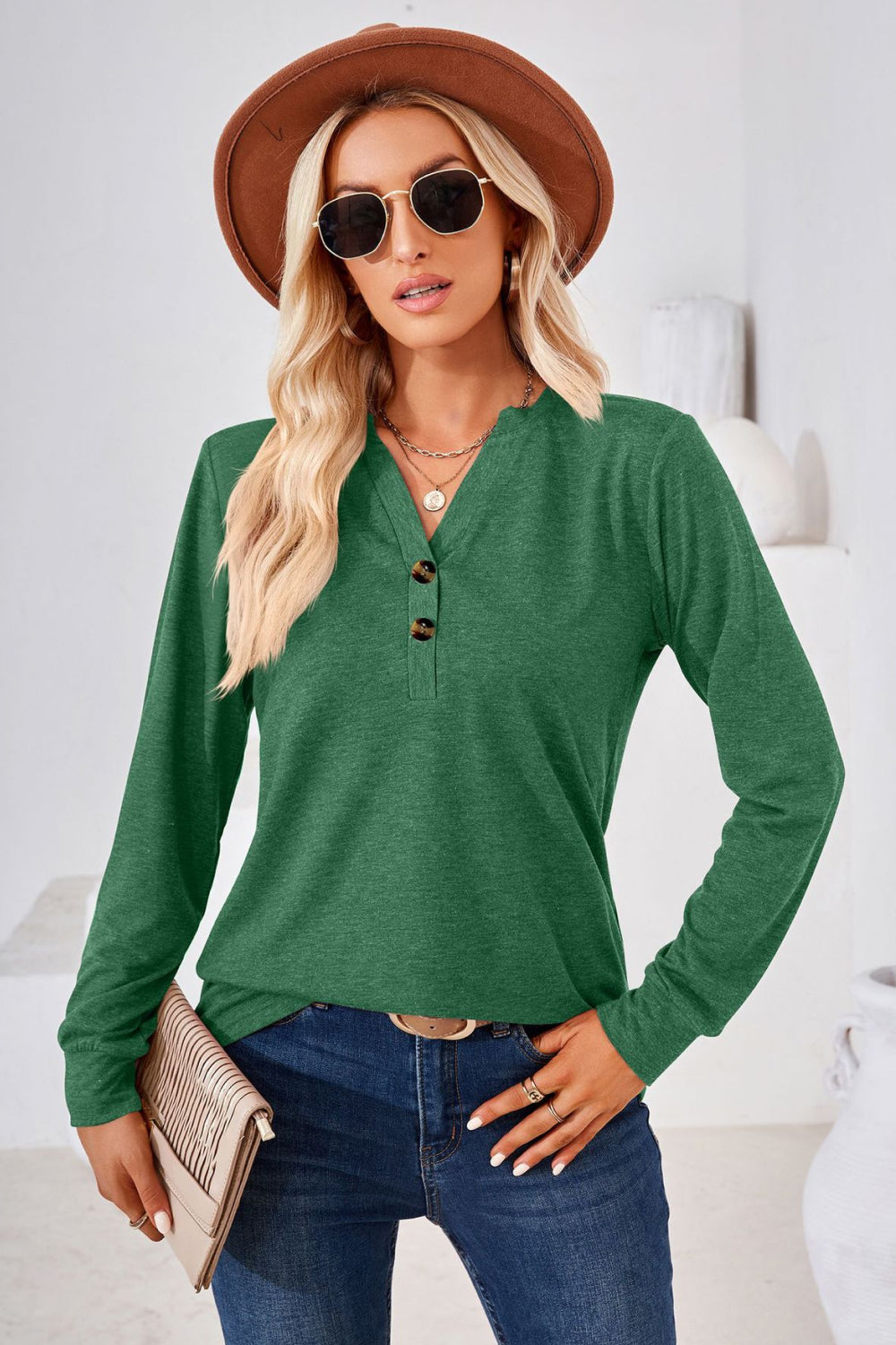 V-Neck Buttoned Long Sleeve Blouse - Classique Collection