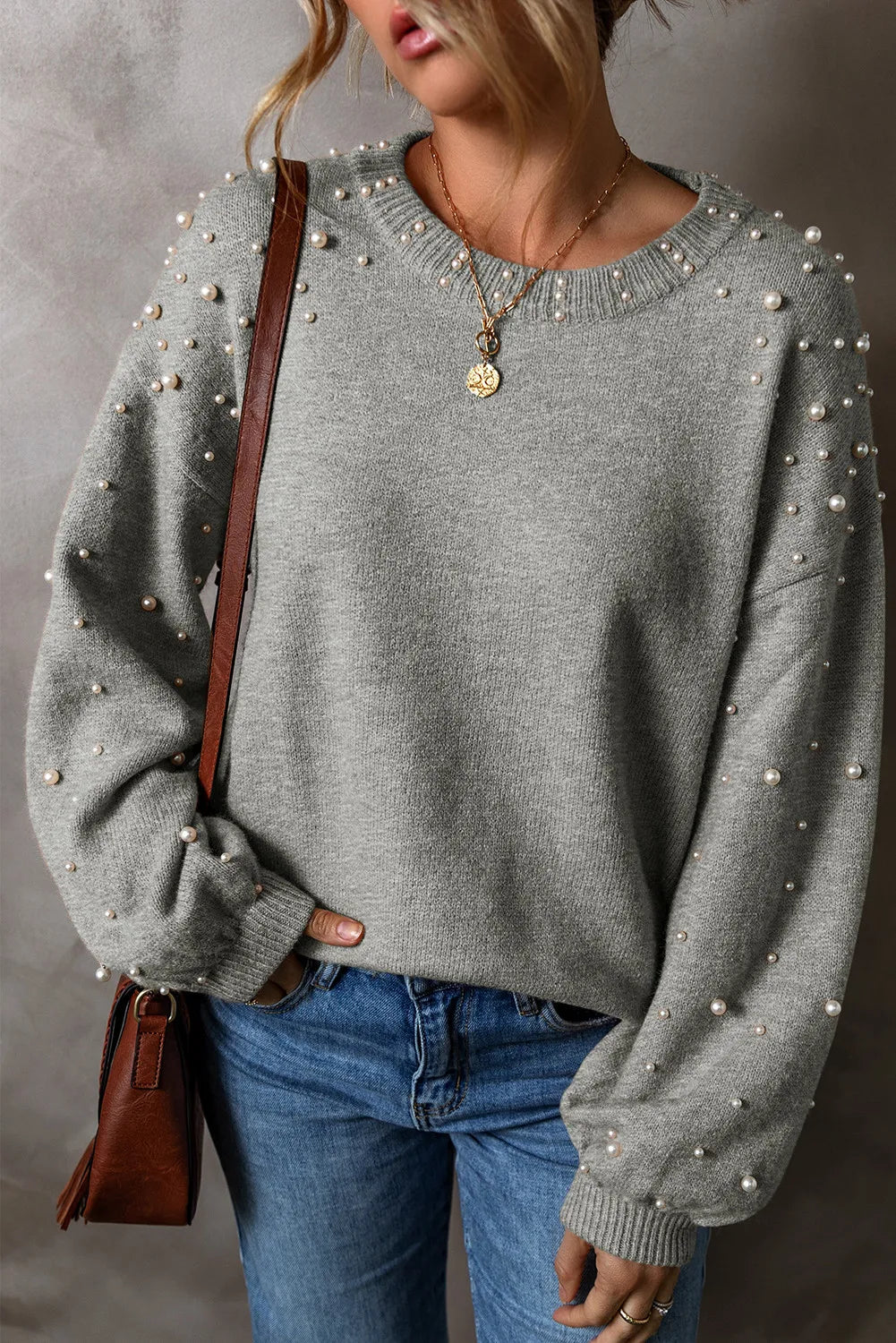 Pearl Detail Round Neck Long Sleeve Sweater - ClassiQ