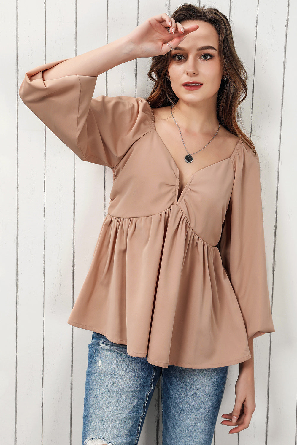 Tie Back Smocked Long Sleeve Babydoll Blouse - Classique Collection