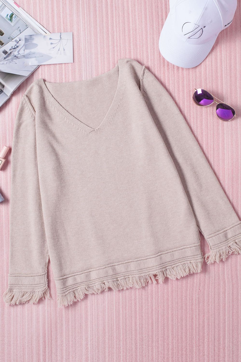 Exposed Seam Fringe Hem V-Neck Long Sleeve Sweater - ClassiQ