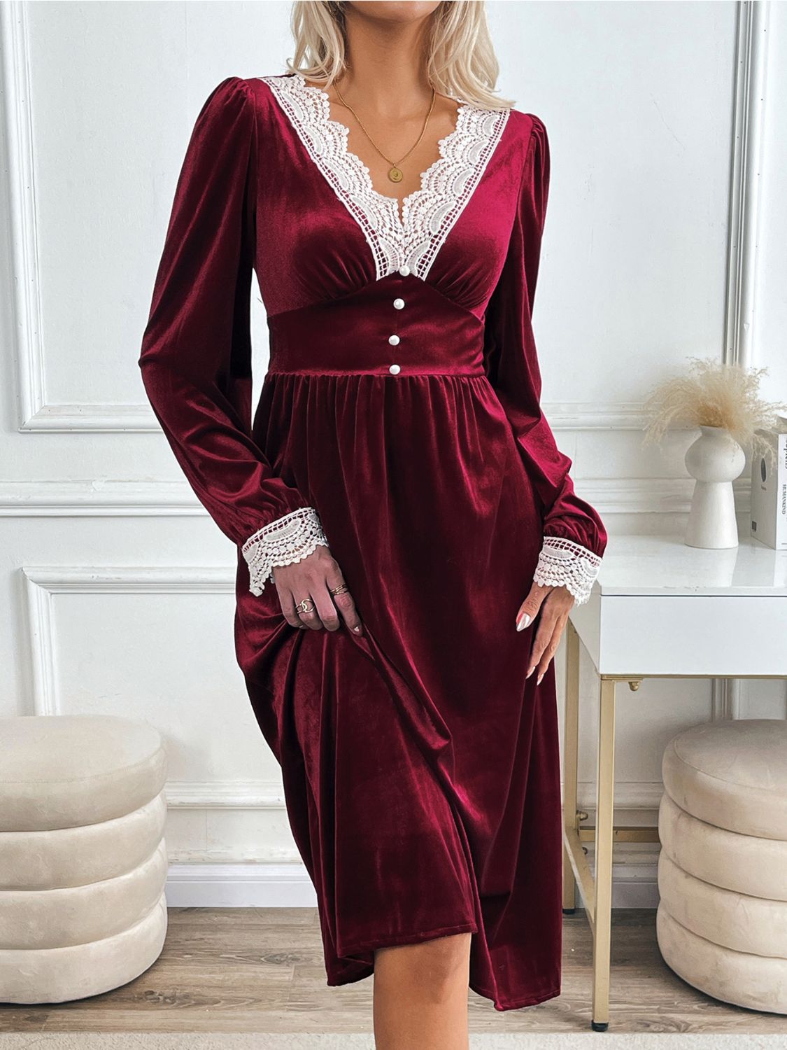 Perfee Lace Detail V-Neck Long Sleeve Midi Dress - Classique Collection