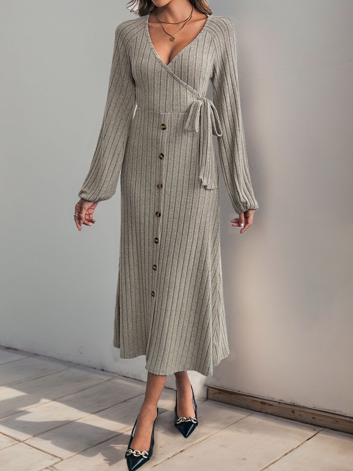 Perfee Ribbed Tied Surplice Long Sleeve Dress - Classique Collection