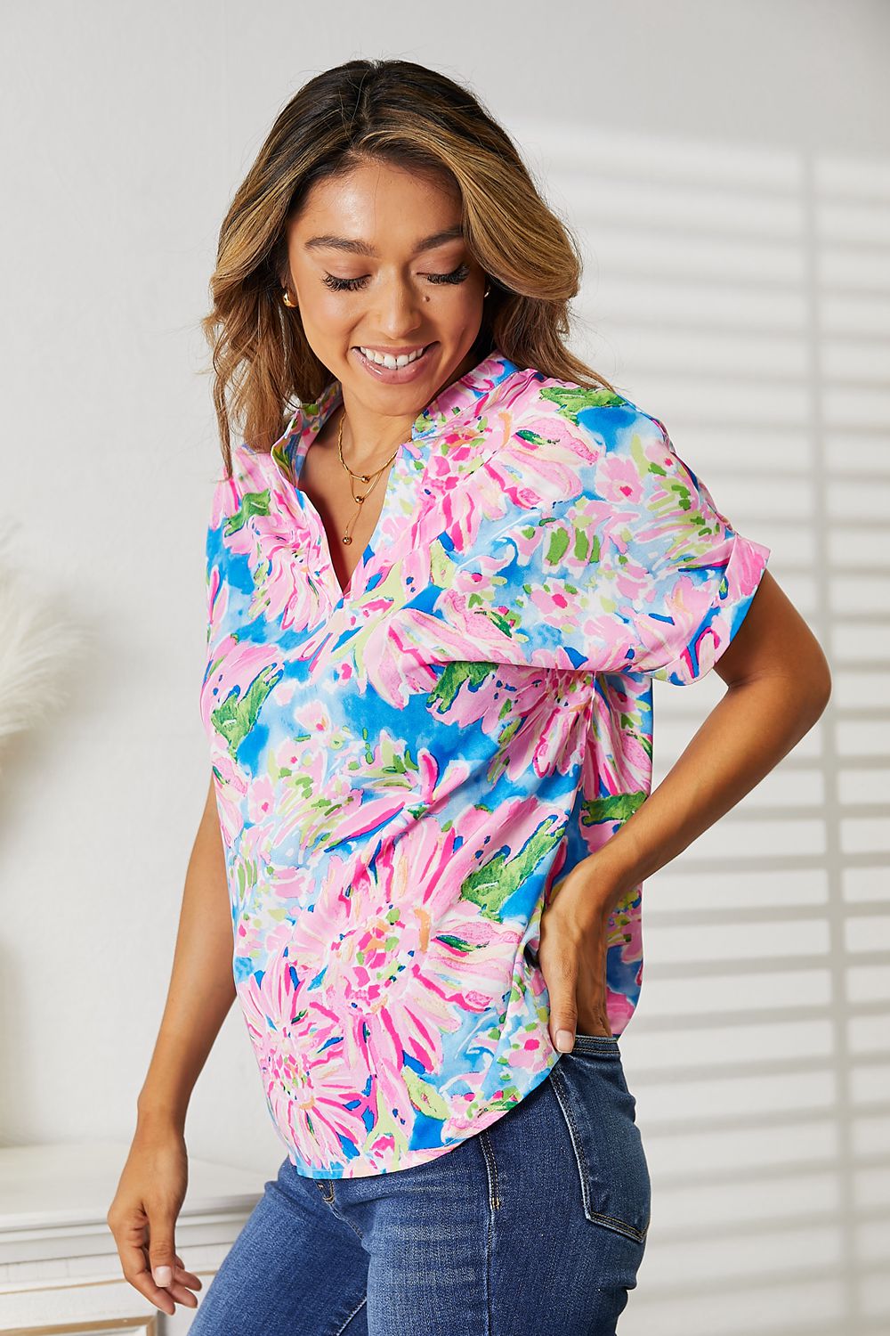Double Take Floral Notched Neck Short Sleeve Top - Classique Collection