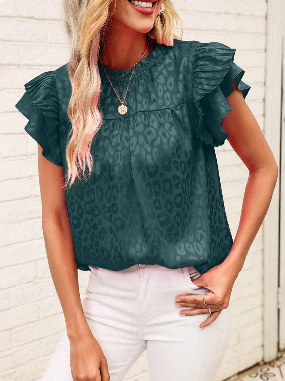 Leopard Frill Mock Neck Ruffled Cap Sleeve Top - Classique Collection