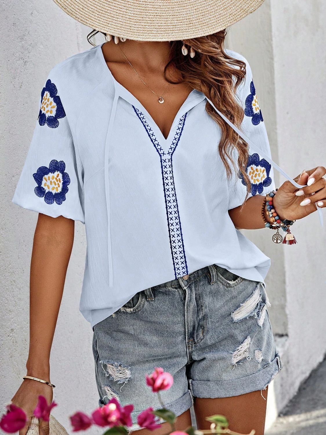 Embroidered Tie Neck Puff Sleeve Blouse - Classique Collection