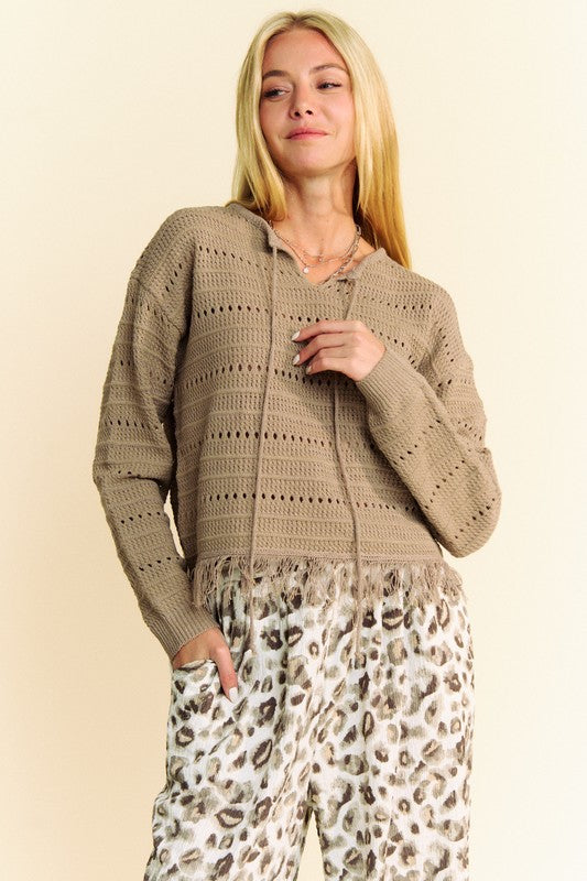 Davi & Dani Fringe Hem Openwork Drop Shoulder Knit Top - Classique Collection