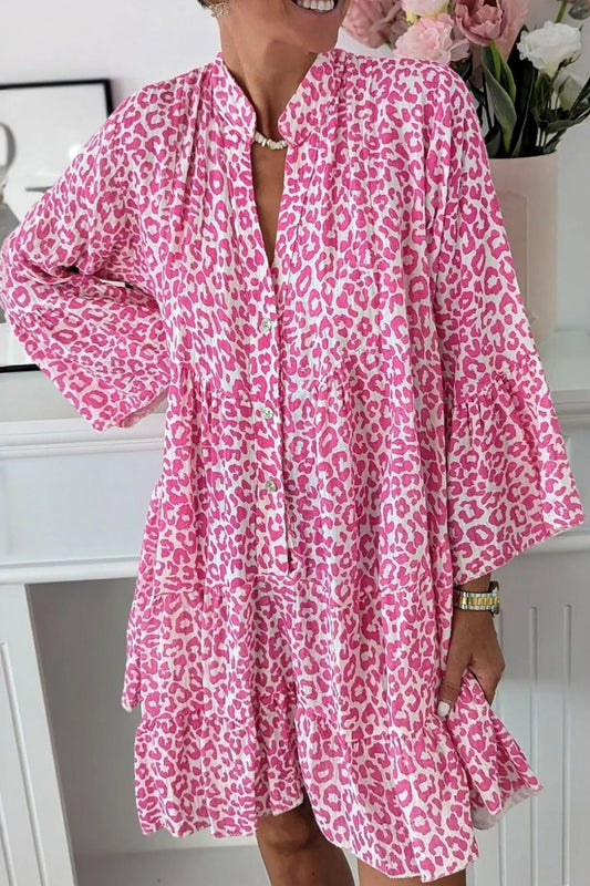 Leopard Notched Long Sleeve Shirt Dress - Classique Collection
