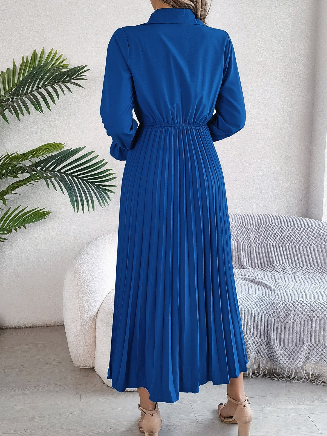 Pleated Half Button Long Sleeve Midi Dress - Classique Collection