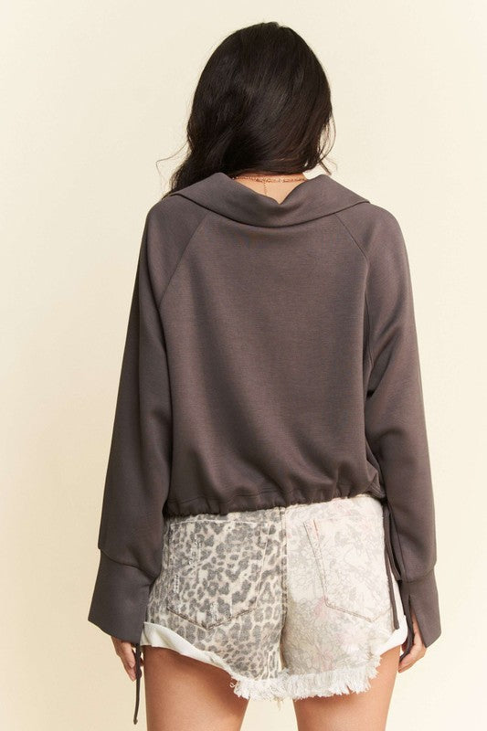 Davi & Dani Drawstring Hem Half Zip Raglan Sleeve Sweatshirt - Classique Collection