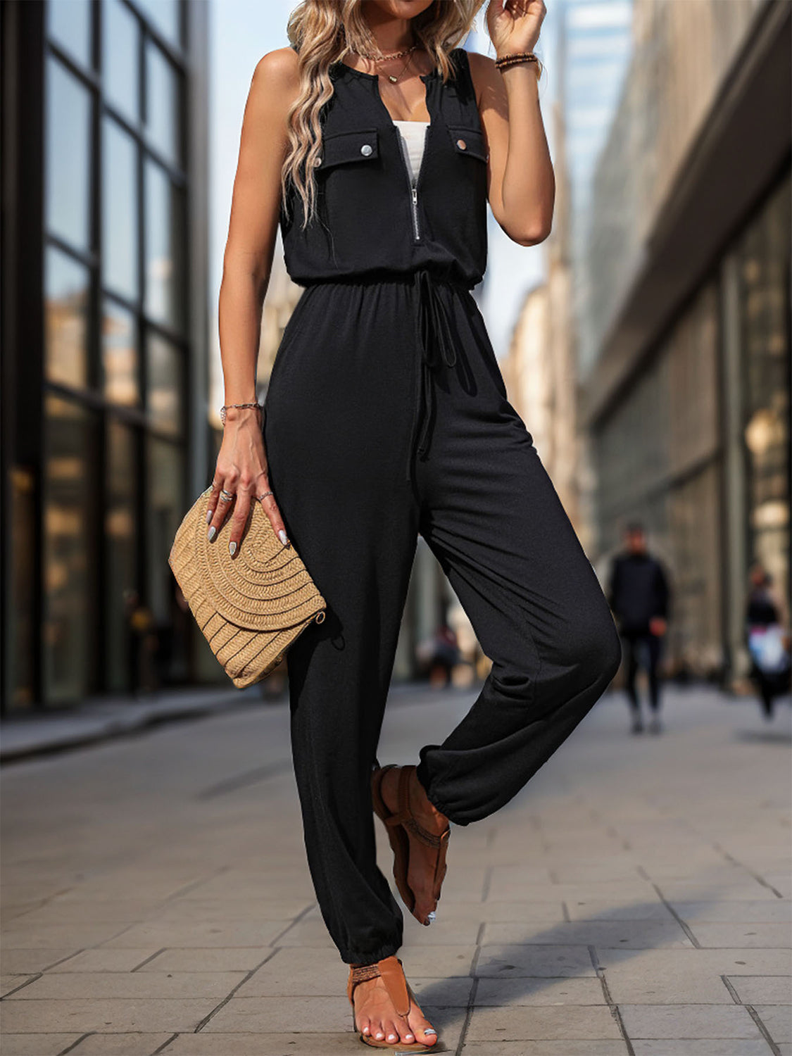 Perfee Half Zip Sleeveless Jumpsuit with Pockets - ClassiQ