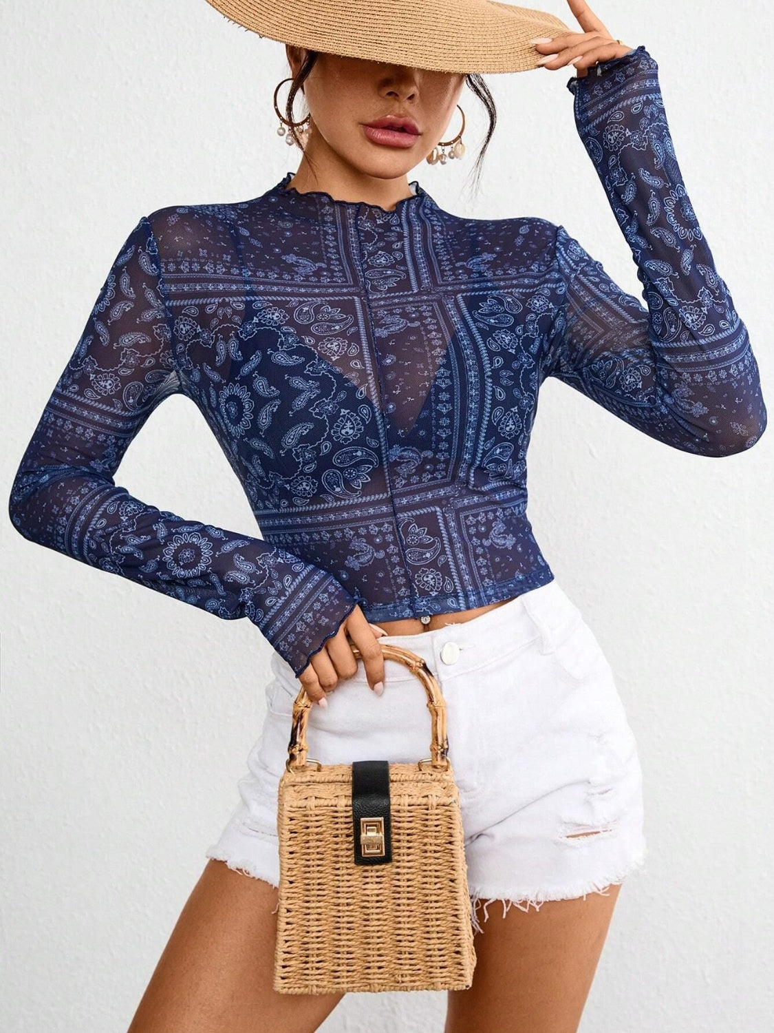 Paisley Mock Neck Long Sleeve Sheer Top - Classique Collection