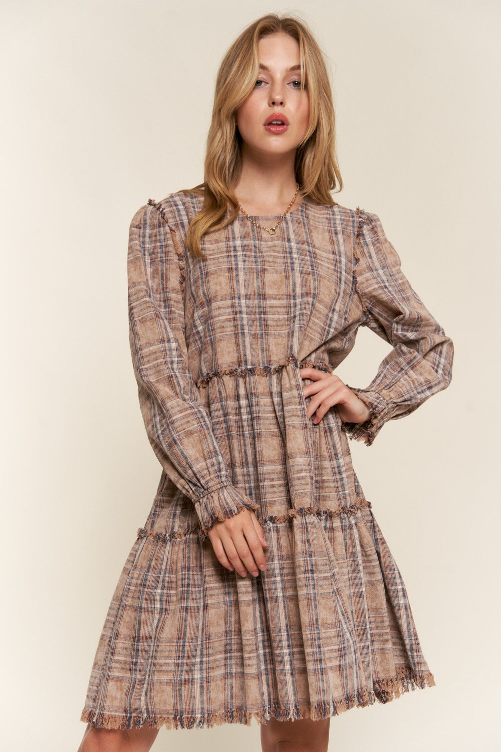 And The Why Full Size Washed Frayed Tiered Plaid Dress - Classique Collection
