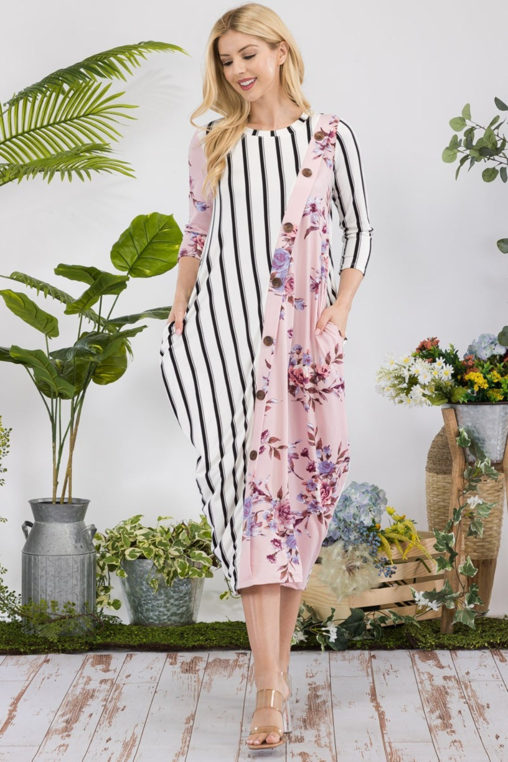 Celeste Full Size Floral Striped Contrast Midi-Dress with Pockets - Classique Collection