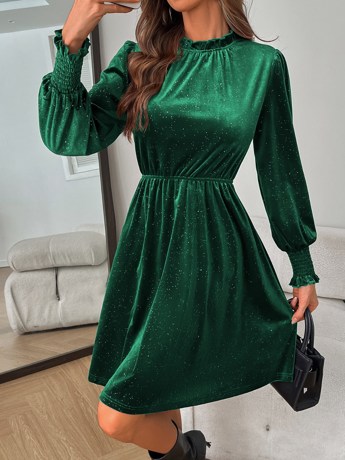 Glitter Mock Neck Long Sleeve Mini Dress - Classique Collection