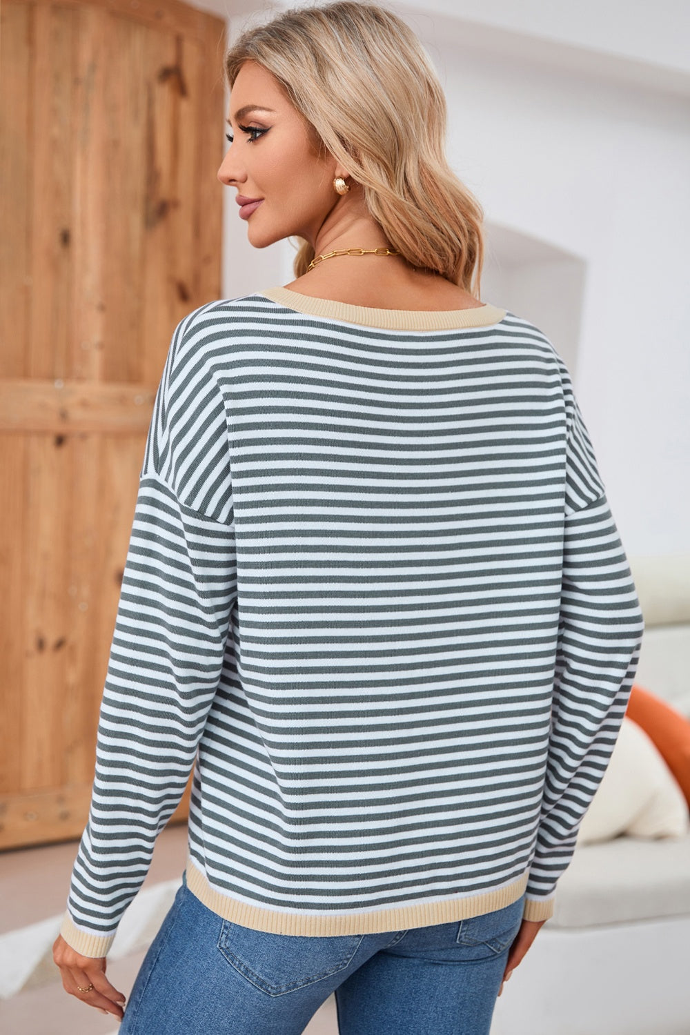 Striped Round Neck Drop Shoulder T-Shirt - ClassiQ