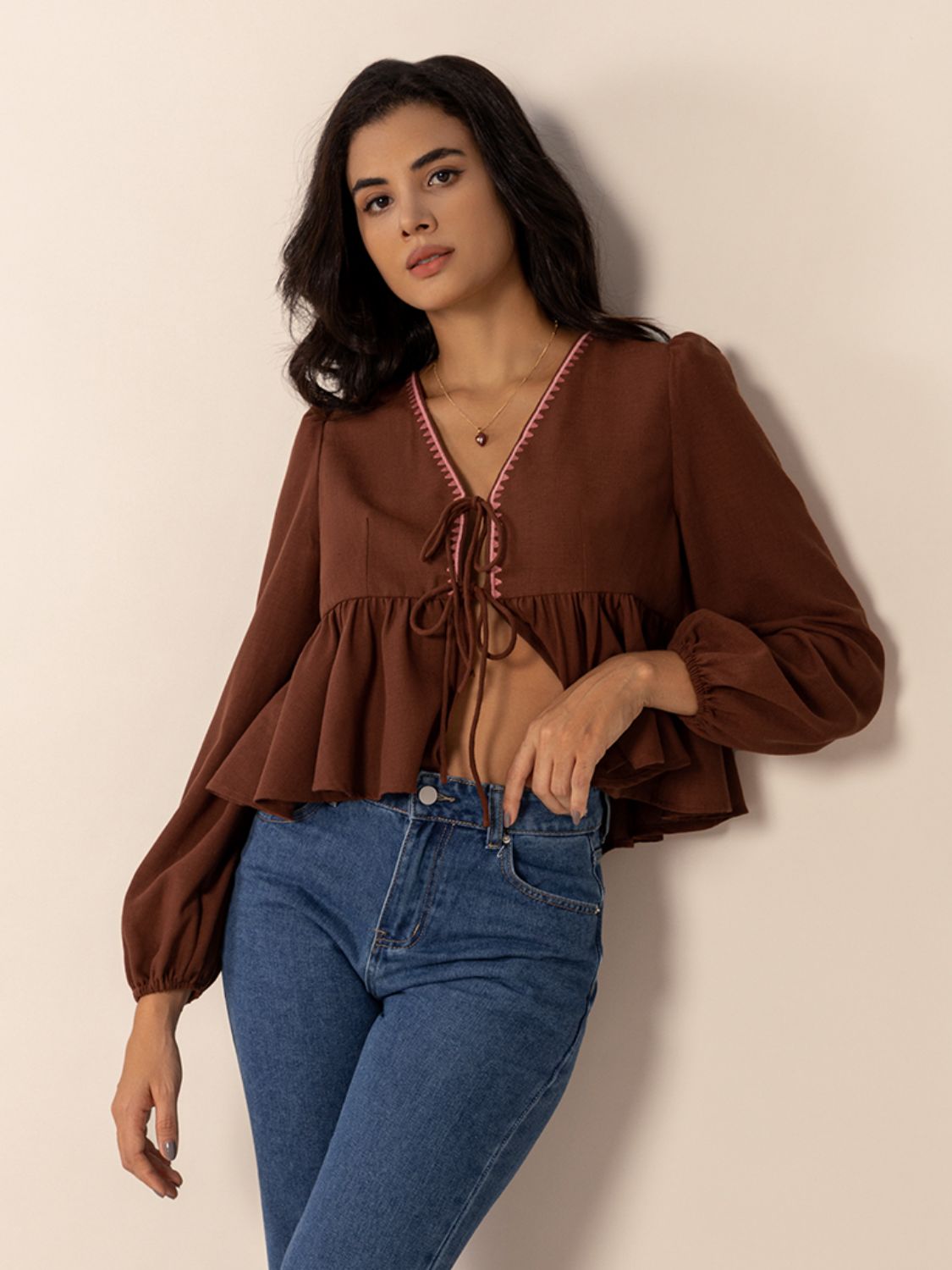 Peplum Tied V-Neck Long Sleeve Blouse - Classique Collection