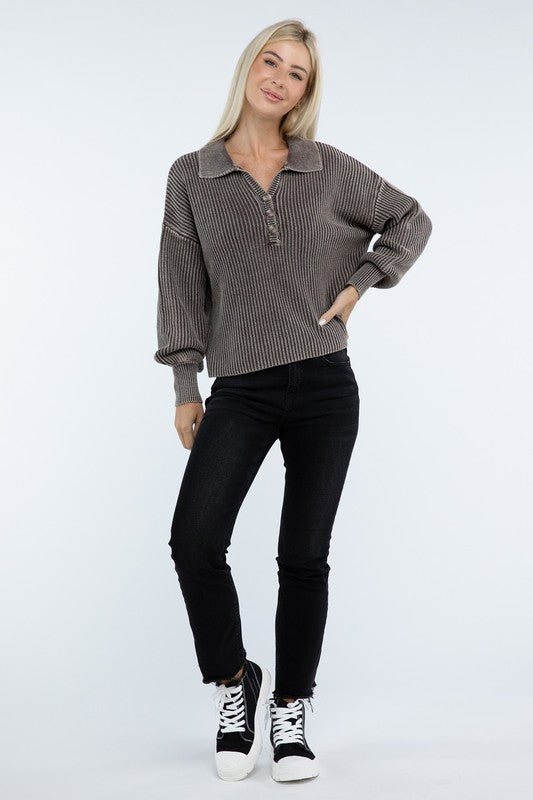 Washed Collared Henley Sweater - Classique Collection