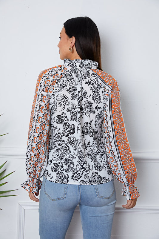 Tassel Tie Neck Printed Smocked Long Sleeve Blouse - ClassiQ