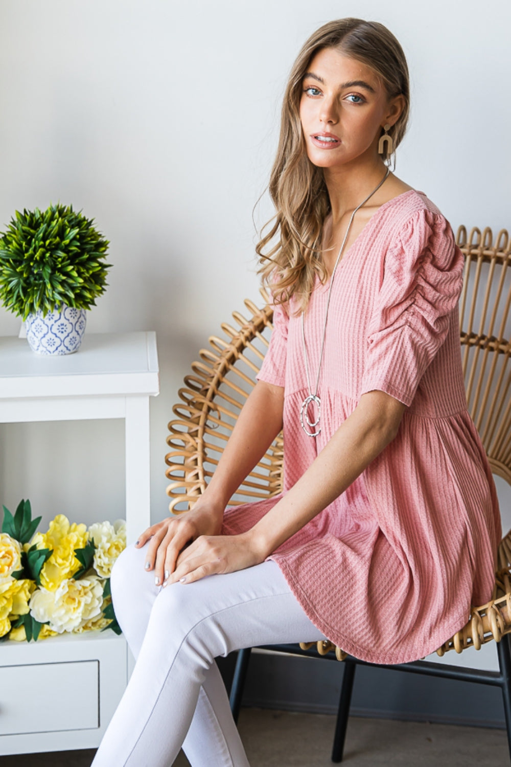 Heimish Full Size Waffle Knit V-Neck Babydoll Top - ClassiQ