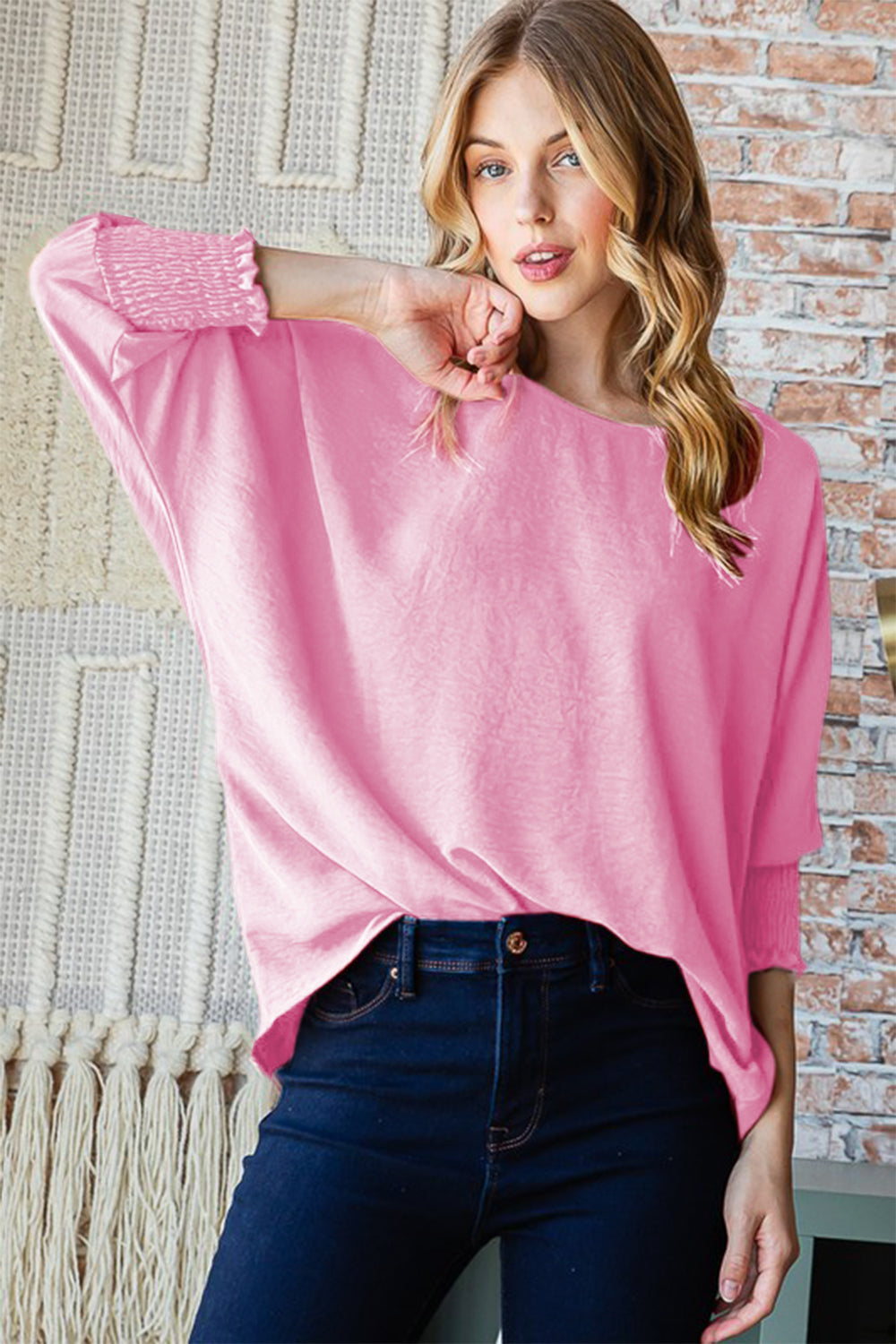 Reborn J Texture Round Neck Smocked Half Sleeve Top - Classique Collection